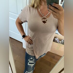 NWT mts tan criss cross short sleeve top size small